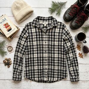 L.L. Bean Scotch Plaid Flannel Shirt Women S Tall Black White Relaxed Fit Cotton